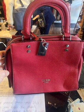 GUESS Red Pebbled Leather Satchel with Top Handles